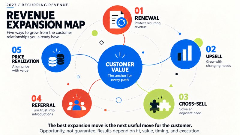 Revenue Expansion Map: renewal, upsell, cross-sell, referral and price realization arranged around customer value